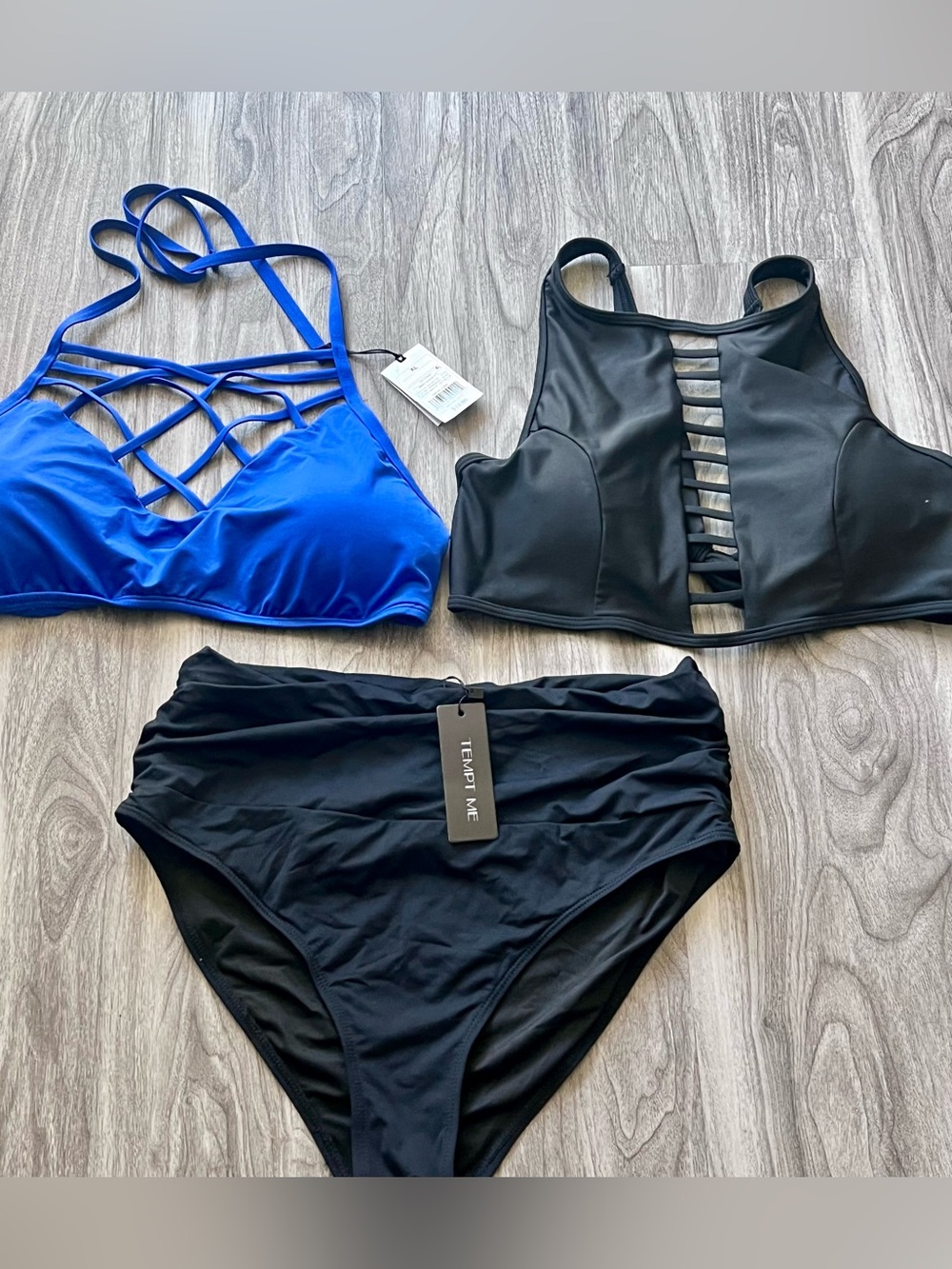 Women's High-Waist Black Bikini Bottom & Blue Strappy Swim Top Set-bundle 3 pc